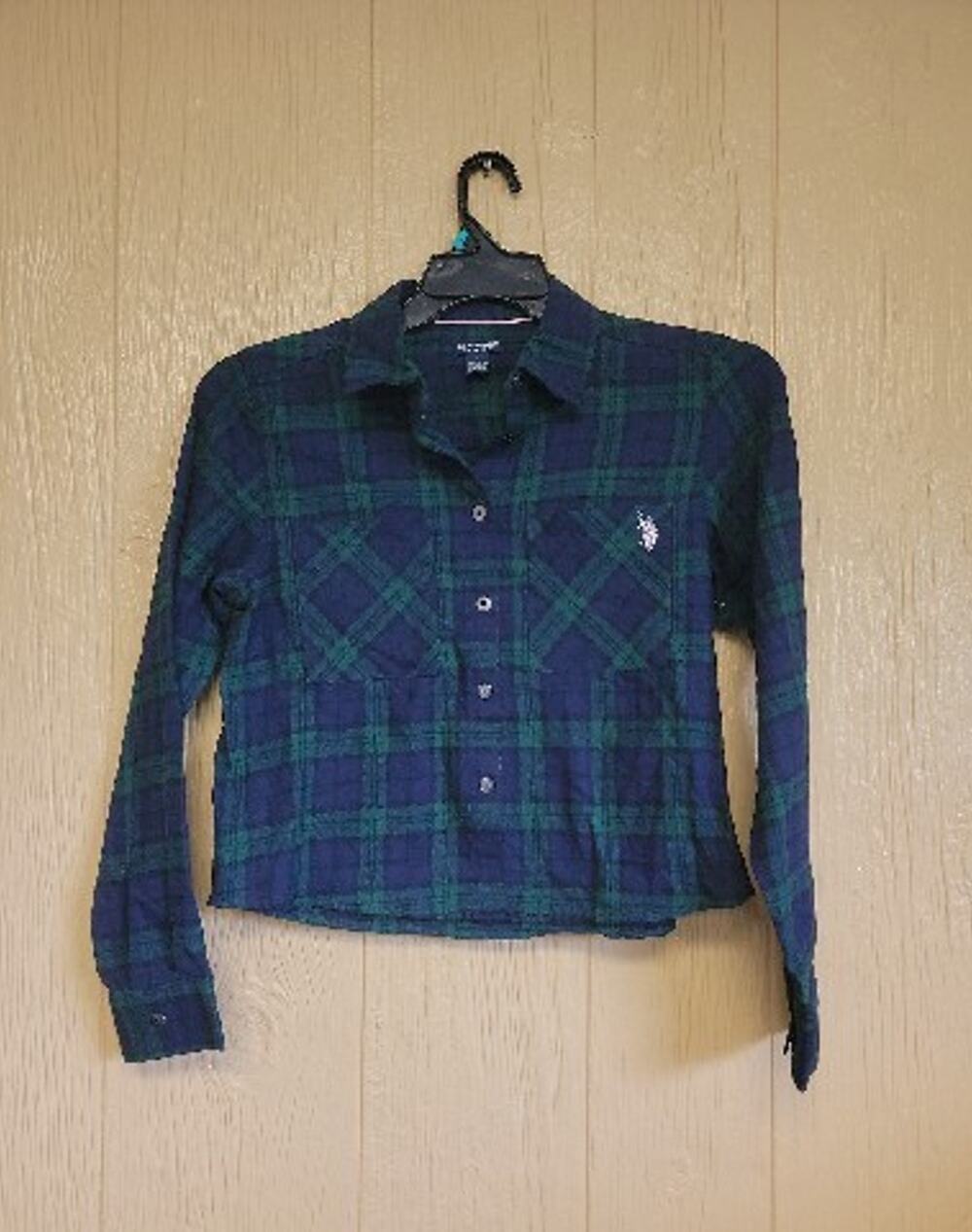 U.S. Polo Assn. Plaid Blue & Green Womens Cropped Flannel sz Small NWOT